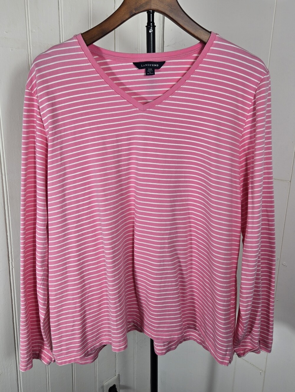 Lands' End Pink and White Striped V-Neck Long Sleeve Tee